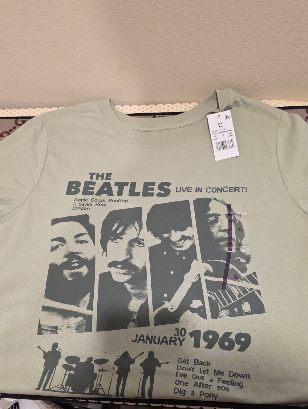 The Beatles Short Sleeve Tee in Light Sage Green with Dark Gray Print